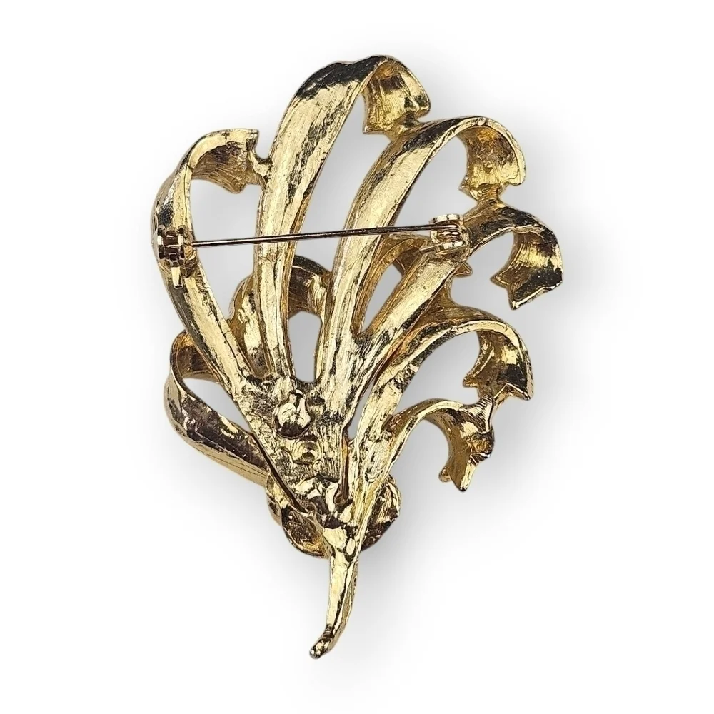 Vintage Floral Ribbon Bouquet Brooch Brushed Gold Plate Leaf Cluster 40s 2.75